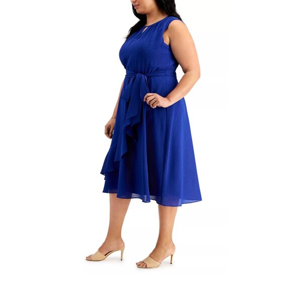 JESSICA HOWARD Plus Size Ruffled Midi Dress Tie At Waist Royal Blue 18W - Picture 3 of 3